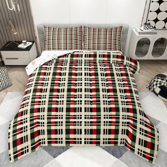 Manfei Modern Abstract Geometric Bedding Comforter Set,Vintage Checkered Grid Twin Comforter Sets,Red Beige Stripes Bedding Set For Girls Boys,Super Cozy Room Decor Reversible,2-Piece