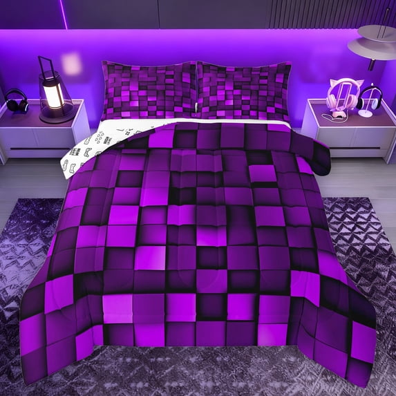 Manfei Modern Abstract Geometric Full Size Comforter Sets,Vintage Checkered Grid Bedding Comforter Set,Purple Classic Plaid Bedding Sets For Girls Boys,Super Cozy Room Decor Reversible,3 Pieces