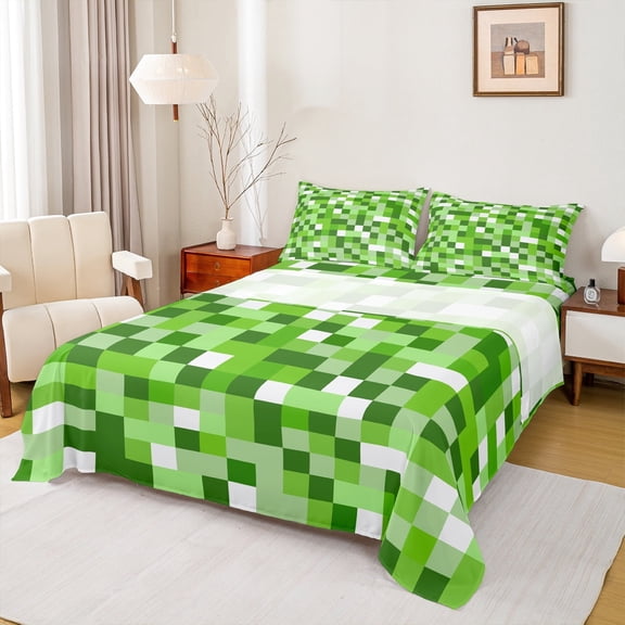 Manfei Modern Abstract Geometric Twin Sheet Sets,Minimalism Buffalo Checkered Twin Fitted Sheet,Green White Pixel Flat Sheet For Teens,Luxury Bedroom Decor,3 Pieces