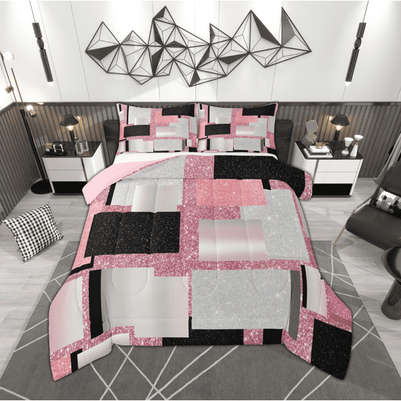 Manfei Modern Abstract Geometric Bedding Comforter Set, Pink Sequin Print Twin Comforter Sets, Teen Kid Adult Reversible Bedding Set, Microfiber Bedroom Decor, 2-Piece