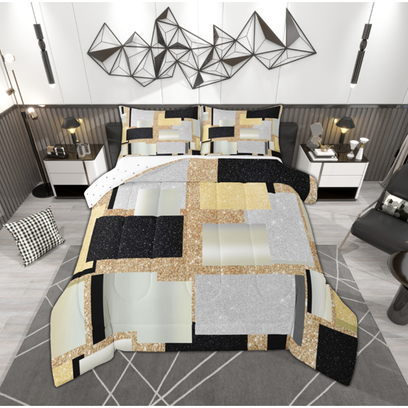 Manfei Modern Abstract Geometric Bedding Comforter Set, Yellow Sequin Print Twin Comforter Sets, Teen Kid Adult Reversible Bedding Set, Lightweight Room Decor, 2-Piece