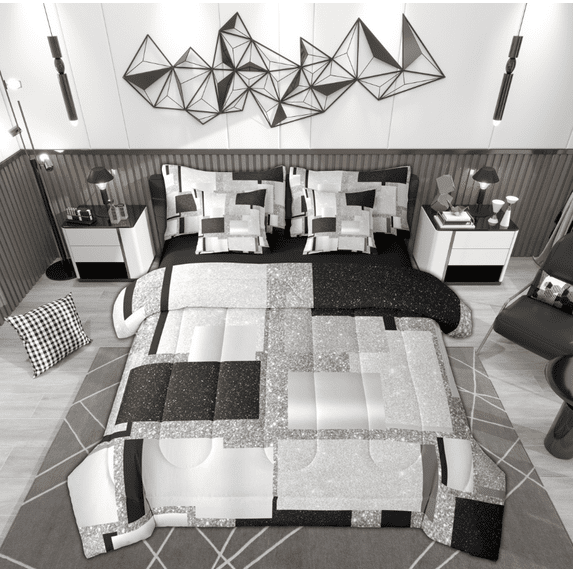 Manfei Modern Abstract Geometric Twin Bedding Sets 7-Piece, Grey Sequin Print Bedding Comforter Set, Teen Kid Adult Reversible Sheet Sets, Super Cozy Room Decor