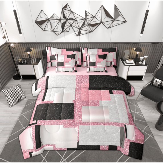 Manfei Modern Abstract Geometric Twin Bedding Sets 7-Piece, Pink Sequin Print Bedding Comforter Set, Teen Kid Adult Reversible Sheet Sets, Microfiber Bedroom Decor