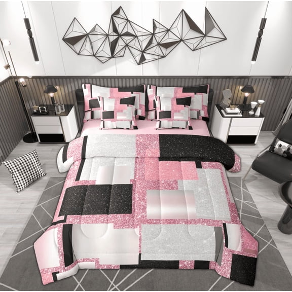Manfei Modern Abstract Geometric Twin Bedding Sets 7-Piece, Pink Sequin Print Bedding Comforter Set, Teen Kid Adult Reversible Sheet Sets, Microfiber Bedroom Decor