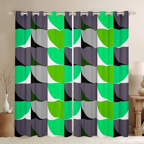 Manfei Modern Abstract Half Circle Blackout Curtains Set of 2 (52x84 Each), Geometric Square Block Curtain, Green Gray Black