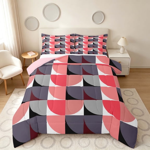 Manfei Modern Abstract Half Circle Queen Comforter Set, Geometric Square Block Comforter Sets Queen, Pink Gray Black, Pink Reversible 3-Piece, 1 Comforter and 2 Pillowcases