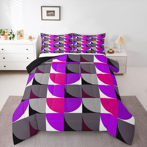 Manfei Modern Abstract Half Circle Queen Comforter Set, Geometric Square Block Comforter Sets Queen, Purple Gray Black, Black Reversible 3pcs, 1 Comforter and 2 Pillowcases