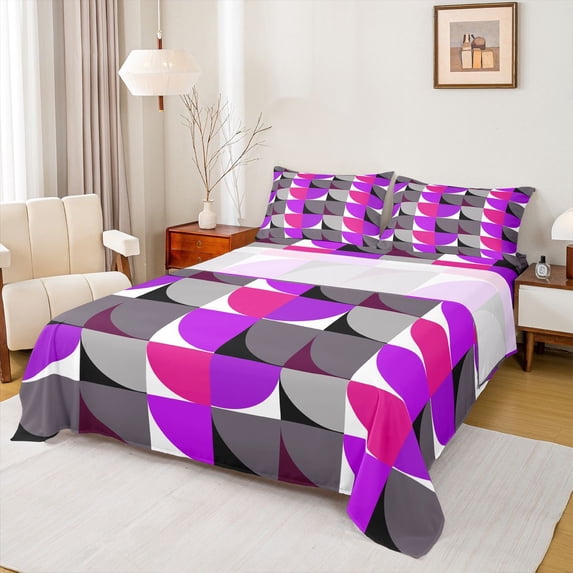 Manfei Modern Abstract Half Circle Queen Sheets, Geometric Square Block Queen Sheet Sets, Purple Gray Black, Black Reversible 4pcs1 Flat Sheet + 1 Fitted Sheet + 2 Pillowcases