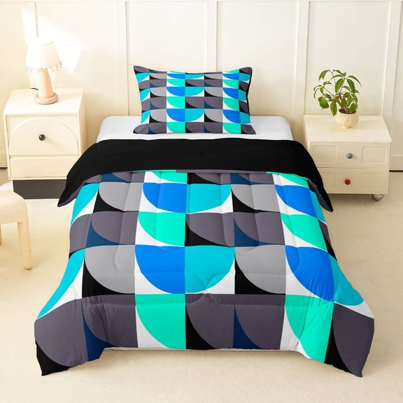 Manfei Modern Abstract Half Circle Twin Comforter Sets, Geometric Square Block Bedding Set, Blue Gray Black, Black Reversible 2-Piece, 1 Comforter and 1 Pillowcase