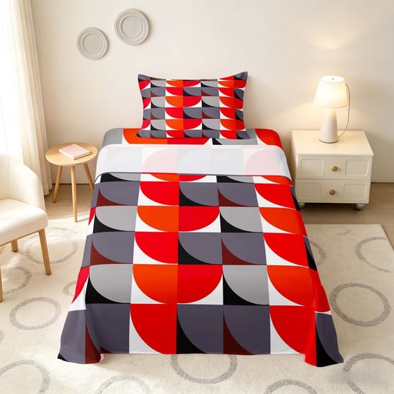 Manfei Modern Abstract Half Circle Twin Sheets, Geometric Square Block Bedding, Red Gray Black, Black Reversible 3 Pieces1 Flat Sheet + 1 Fitted Sheet + 1 Pillowcase