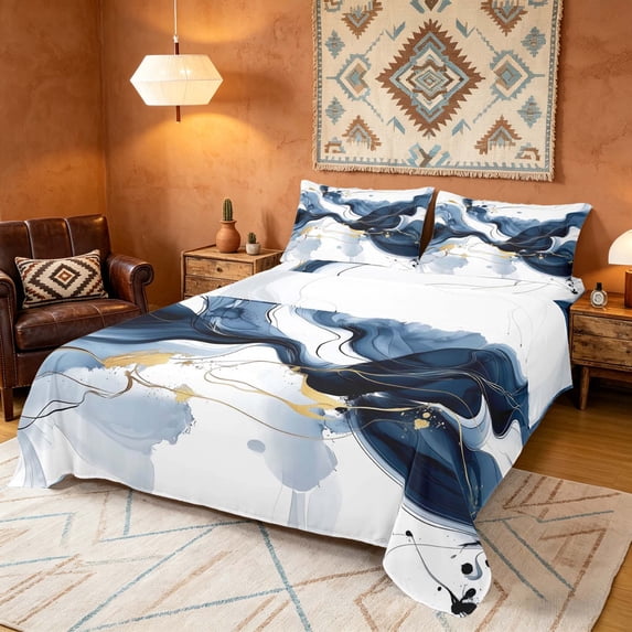 Manfei Modern Abstract Ink Bed Sheets, Fluid Marble Fuul Size Sheets, Blue White Gold, Reversible 4pcs1 Flat Sheet + 1 Fitted Sheet + 2 Pillowcases