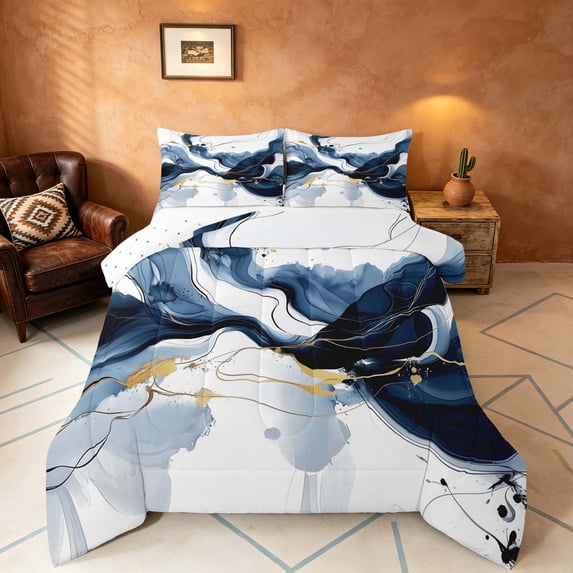 Manfei Modern Abstract Ink Full Size Comforter Sets, Fluid Marble Bedding Comforter Set, Blue White Gold, Reversible 3pcs, 1 Comforter and 2 Pillowcases