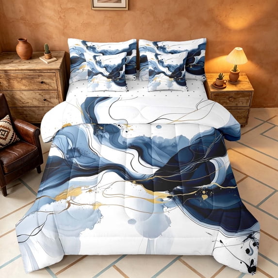 Manfei Modern Abstract Ink King Bedding, Fluid Marble King Bed in a Bag, Blue White Gold, Reversible 7 Pieces