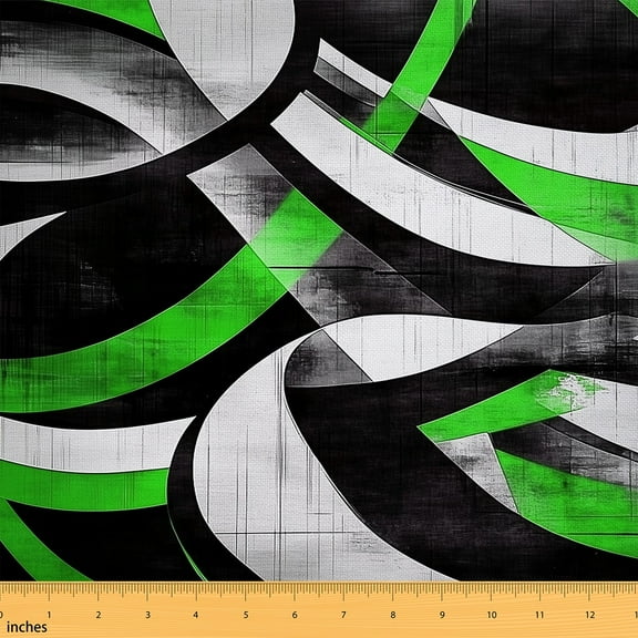 Manfei Modern Abstract Line Fabric by the Yard (1 Yard), Black Green White Decorative Fabric by the Yard, Geometric Striped Sewing & Crafting Fabric, Luxury Bedroom Decorative