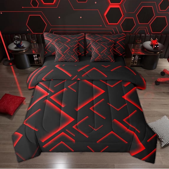 Manfei Modern Abstract Lines Bedding Comforter Set 7pcs, Red Black Queen Bedding Sets, Geometry Aesthetic Queen Sheet Sets, Breathable Room Decor