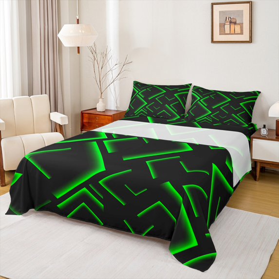 Manfei Modern Abstract Lines Full Size Sheets 4-Piece, Green Black Bed Sheets, Geometry Aesthetic Sheet Sets, Breathable Room Decor