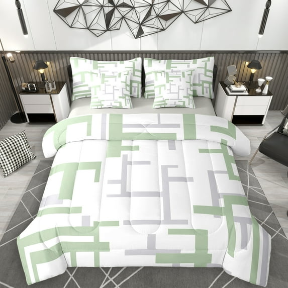 Manfei Modern Abstract Ombre 7-Piece Twin Bedding Sets, Chic Pale Green Rectangle Plaid Bedding Comforter Set, Teens Adult Female Man Reversible Sheet Sets, Luxury Bedroom Decor