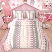 Manfei Modern Abstract Ombre 7-Piece Twin Bedding Sets, Chic Pink Rectangle Plaid Bedding Comforter Set, Teens Adult Female Man Reversible Sheet Sets, Breathable Home Decor