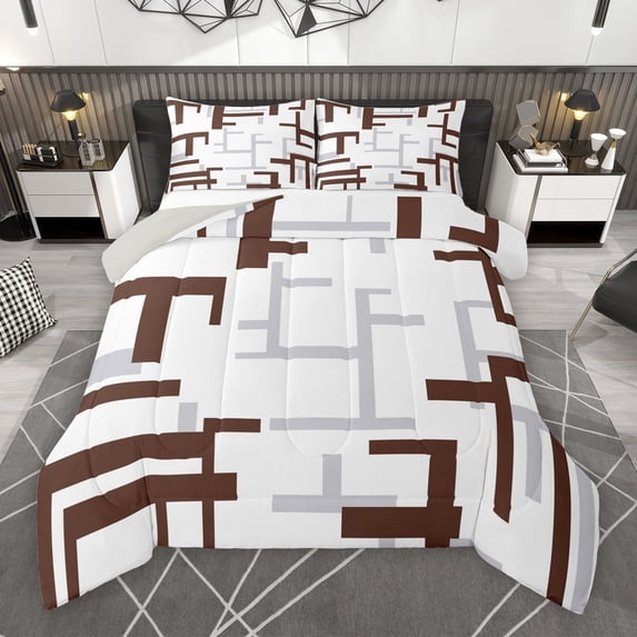 Manfei Modern Abstract Ombre Queen Comforter Set, Chic Brown Rectangle Plaid Bedding Sets, Teens Adult Female Man Reversible Bedding Comforter Set, Lightweight Room Decor, 3-Piece