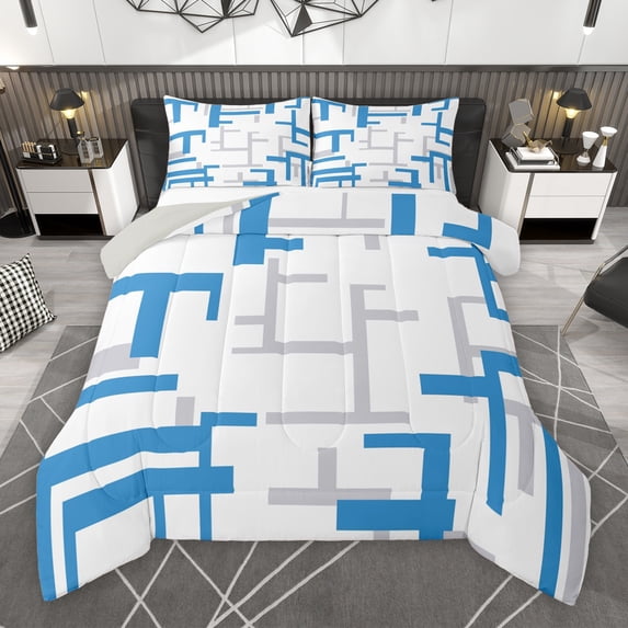 Manfei Modern Abstract Ombre Queen Comforter Set, Chic Grey Blue Rectangle Plaid Bedding Sets, Teens Adult Female Man Reversible Bedding Comforter Set, Luxury Bedroom Decor, 3-Piece