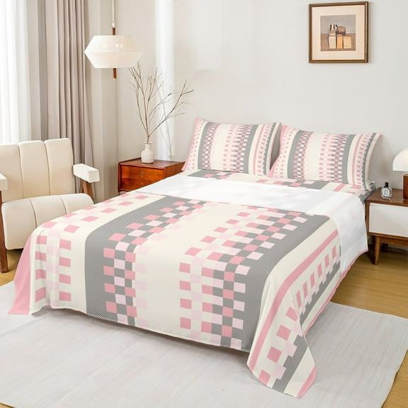 Manfei Modern Abstract Ombre Twin Sheet Sets, Chic Pink Rectangle Plaid Twin Fitted Sheet, Teens Adult Female Man Flat Sheet, Breathable Home Decor, 3-Piece