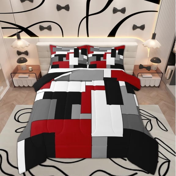 Manfei Modern Abstract Queen Comforter Set, Minimalism Plaid Bedding Sets, Black Gray White Red Bedding Comforter Set, Microfiber Bedroom Decor, Reversible 3 Pieces