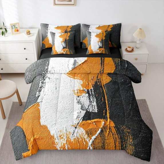Manfei Modern Aesthetic Graffiti Bedding Comforter Set 7-Piece,Oil Painting King Bedding Sets,Orange White Black Bed Sheets For Men Women,Ultra Soft Home Decor Reversible