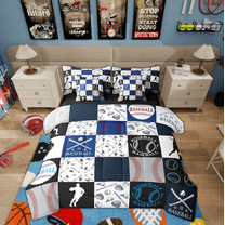 Manfei Modern Baseball Teens Twin Bedding Sets 7-Piece, Ball Sports Lover Bedding Comforter Set, Cartoon Patchwork Reversible Sheet Sets, Ultra Soft Home Decor