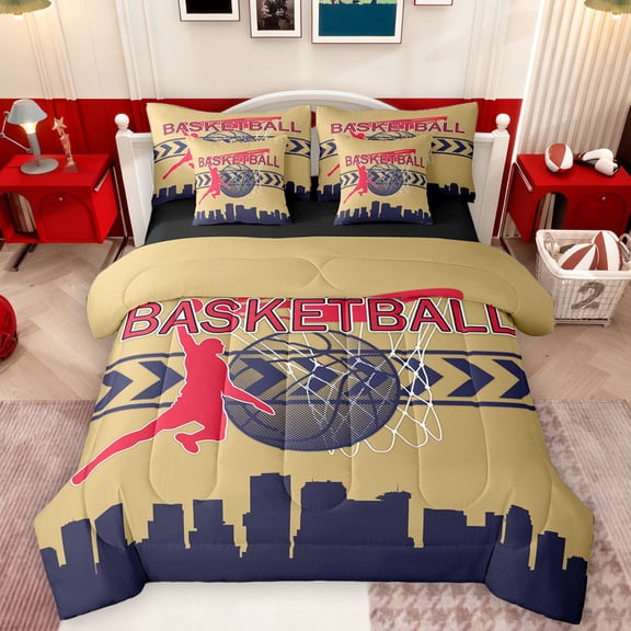 Manfei Modern Basketball Athlete Twin Bedding Sets 7-Piece for Child, Ball Sports Lover Bedding Comforter Set, Dark Khaki Stripes Lines Reversible Sheet Sets, Breathable Home Decor