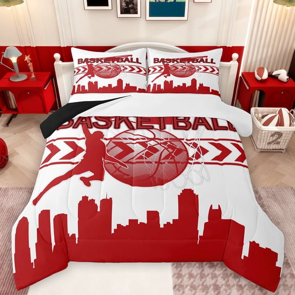 Manfei Modern Basketball Lover Bedding Comforter Set for Kids, Ball Athlete Twin Comforter Sets, White Red Cartoon Reversible Bedding Set, Ultra Soft Bedroom Decor, 2 Pieces