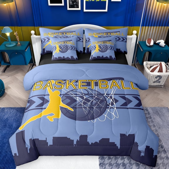 Manfei Modern Basketball Lover Twin Bedding Sets 7-Piece for Kids, Ball Athlete Bedding Comforter Set, Steel Blue Cartoon Reversible Sheet Sets, Ultra Soft Bedroom Decor