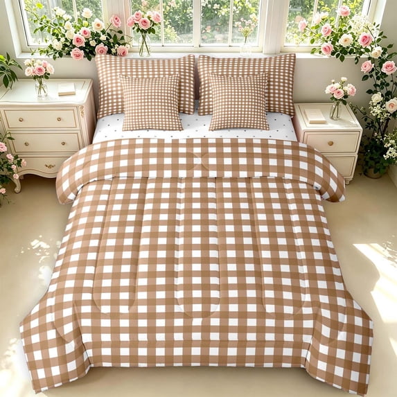 Manfei Modern Brown Checkered 7-Piece Twin Bedding,Geometric Check Bedding Comforter Set,Reversible
