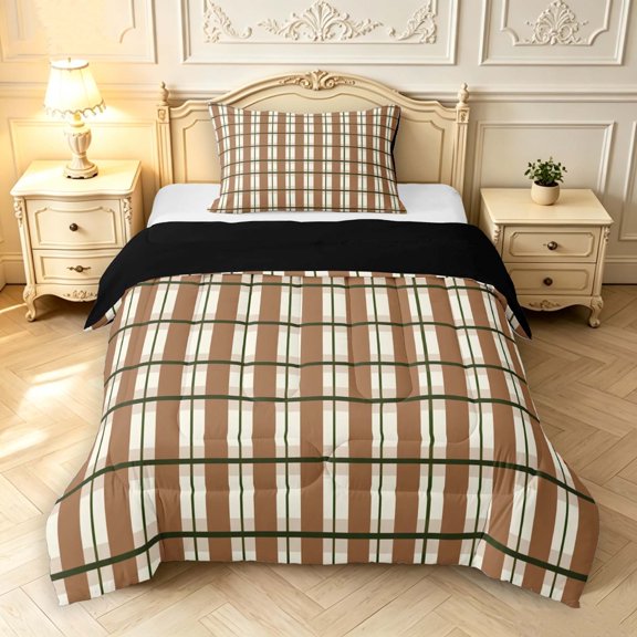 Manfei Modern Brown White Checkered Twin Comforter Sets,Geometric Check Bedding Set,Black Reversible,2 Pieces,1 Comforter and 1 Pillowcase,2 Pieces,1 Comforter and 1 Pillowcase