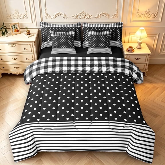 Manfei Modern Checkered 7-Piece King Bedding,Minimalist Polka Dot King Bed in a Bag,Black White,Black Reversible