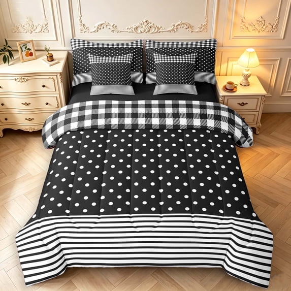 Manfei Modern Checkered 7-Piece Twin Bedding,Minimalist Polka Dot Bedding Comforter Set,Black White,Black Reversible