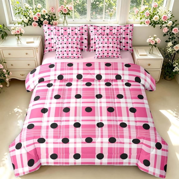 Manfei Modern Checkered 7-Piece Twin Bedding,Minimalist Polka Dot Bedding Comforter Set,Pink White,Pink Reversible