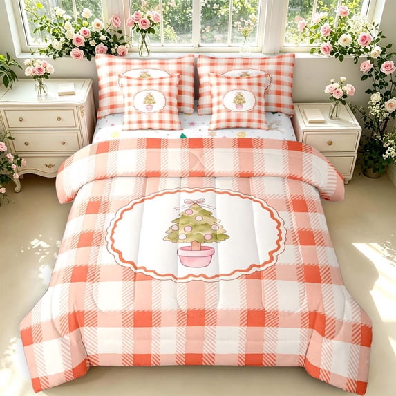 Manfei Modern Checkered 7 Pieces Full Size Bedding Sets,Festive Christmas Full Size Bed in a Bag,Orange Red,Christmas Reversible