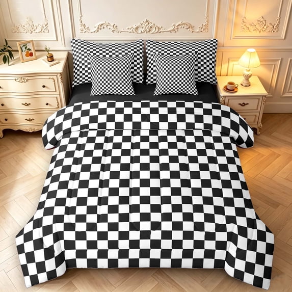 Manfei Modern Checkered 7pcs Queen Bedding,Geometric Check Bedding Comforter Set Queen,Black White,Black Reversible