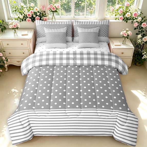 Manfei Modern Checkered 7pcs Queen Bedding,Minimalist Polka Dot Bedding Comforter Set Queen,Gray,Reversible