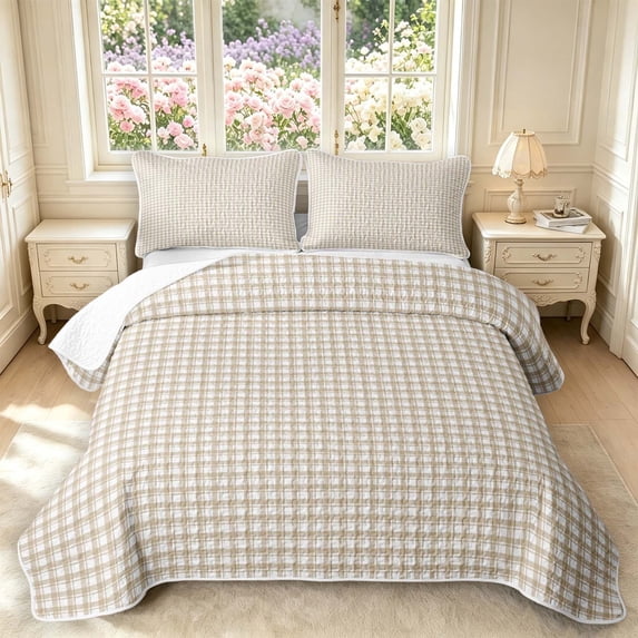 Manfei Modern Checkered Bed Spread Queen,Geometric Check Queen Coverlet Set,Beige Yellow,3 Pieces,1 Quilt and 2 Pillowcases