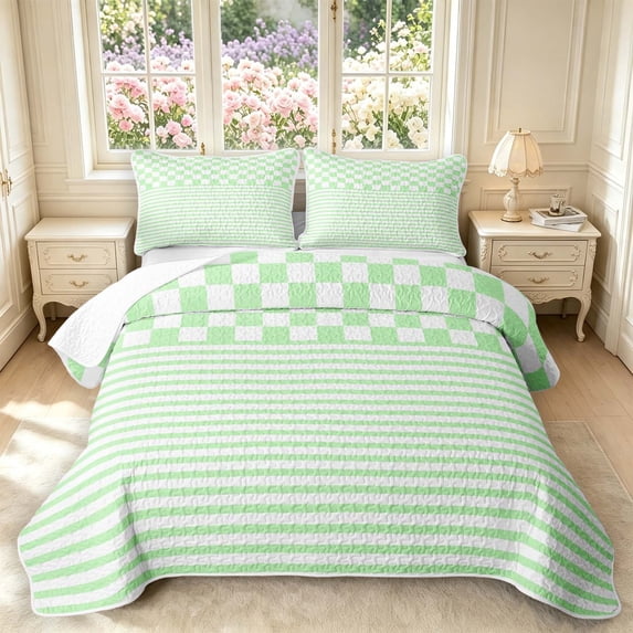Manfei Modern Checkered Bed Spread Queen,Geometric Plaid Queen Coverlet Set,Green White,3 Pieces,1 Quilt and 2 Pillowcases