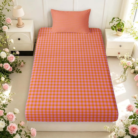 Manfei Modern Checkered Fitted Sheet Full,Geometric Check Bed Set,Orange,3pcs,1 Fitted Sheet and 2 Pillowcases