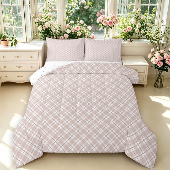 Manfei Modern Checkered Full Size Comforter Sets,Geometric Plaid Bedding Comforter Set,Pink,Reversible,3-Piece,1 Comforter and 2 Pillowcases,3-Piece,1 Comforter and 2 Pillowcases