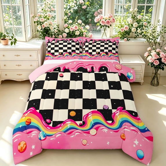 Manfei Modern Checkered King Size Comforter Sets,Geometric Check Comforters King Size,Black White Pink,Pink Reversible,3 Pieces,1 Comforter and 2 Pillowcases,3 Pieces,1 Comforter and 2 Pillowcases