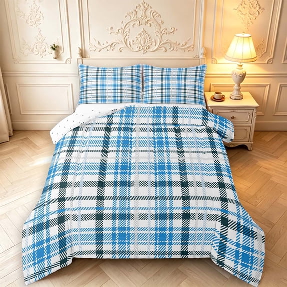 Manfei Modern Checkered King Size Comforter Sets,Geometric Check Comforters King Size,Blue White,Reversible,3pcs,1 Comforter and 2 Pillowcases,3pcs,1 Comforter and 2 Pillowcases