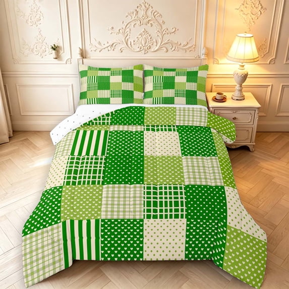 Manfei Modern Checkered King Size Comforter Sets,Geometric Check Comforters King Size,Green Yellow,Reversible,3pcs,1 Comforter and 2 Pillowcases,3pcs,1 Comforter and 2 Pillowcases