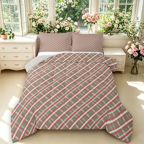 Manfei Modern Checkered King Size Comforter Sets,Geometric Check Comforters King Size,Red Green,Light Gray Reversible,3pcs,1 Comforter and 2 Pillowcases,3pcs,1 Comforter and 2 Pillowcases