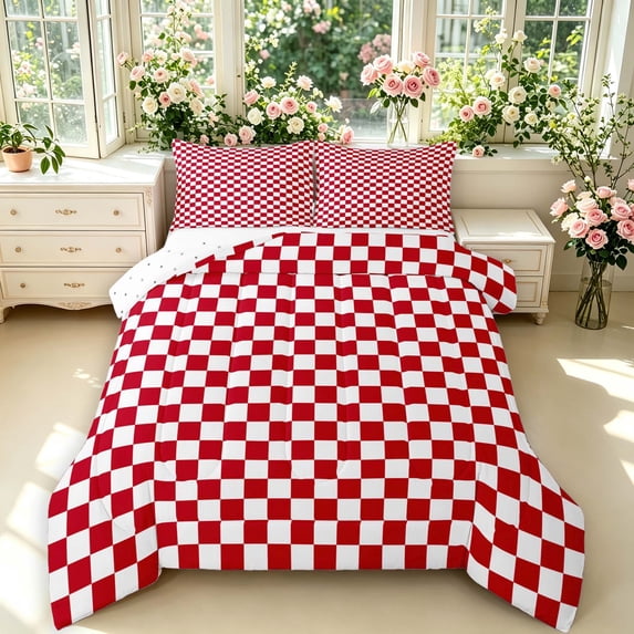 Manfei Modern Checkered Queen Comforter Set,Geometric Plaid Comforter Sets Queen,Dark Red White,Reversible,3 Pieces,1 Comforter and 2 Pillowcases,3 Pieces,1 Comforter and 2 Pillowcases