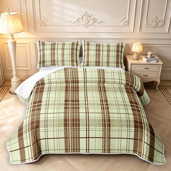 Manfei Modern Checkered Quilt Full,Vintage Stripes Full Bedspread Sets,Brown Yellow,3-Piece,1 Coverlet and 2 Pillowcases