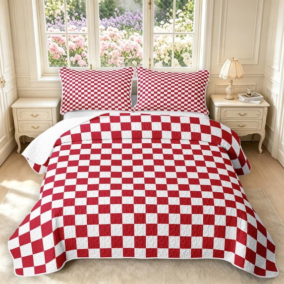 Manfei Modern Checkered Quilt King,Geometric Plaid King Coverlet Set,Dark Red White,3 Pieces,1 Bedspread and 2 Pillowcases